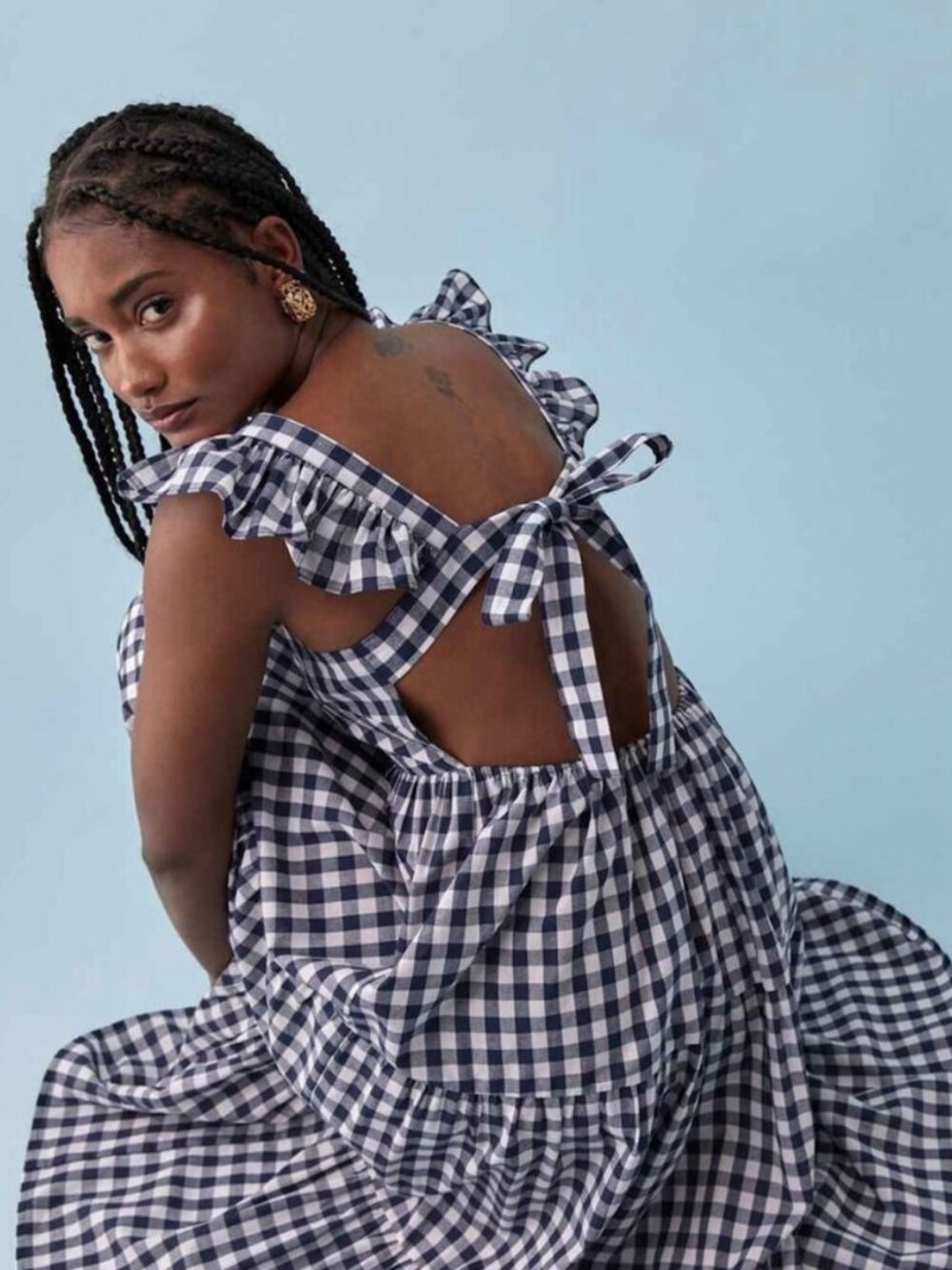 Reformation Jeans midi gingham open back/bow tiered skirt midi Dress Sz XS